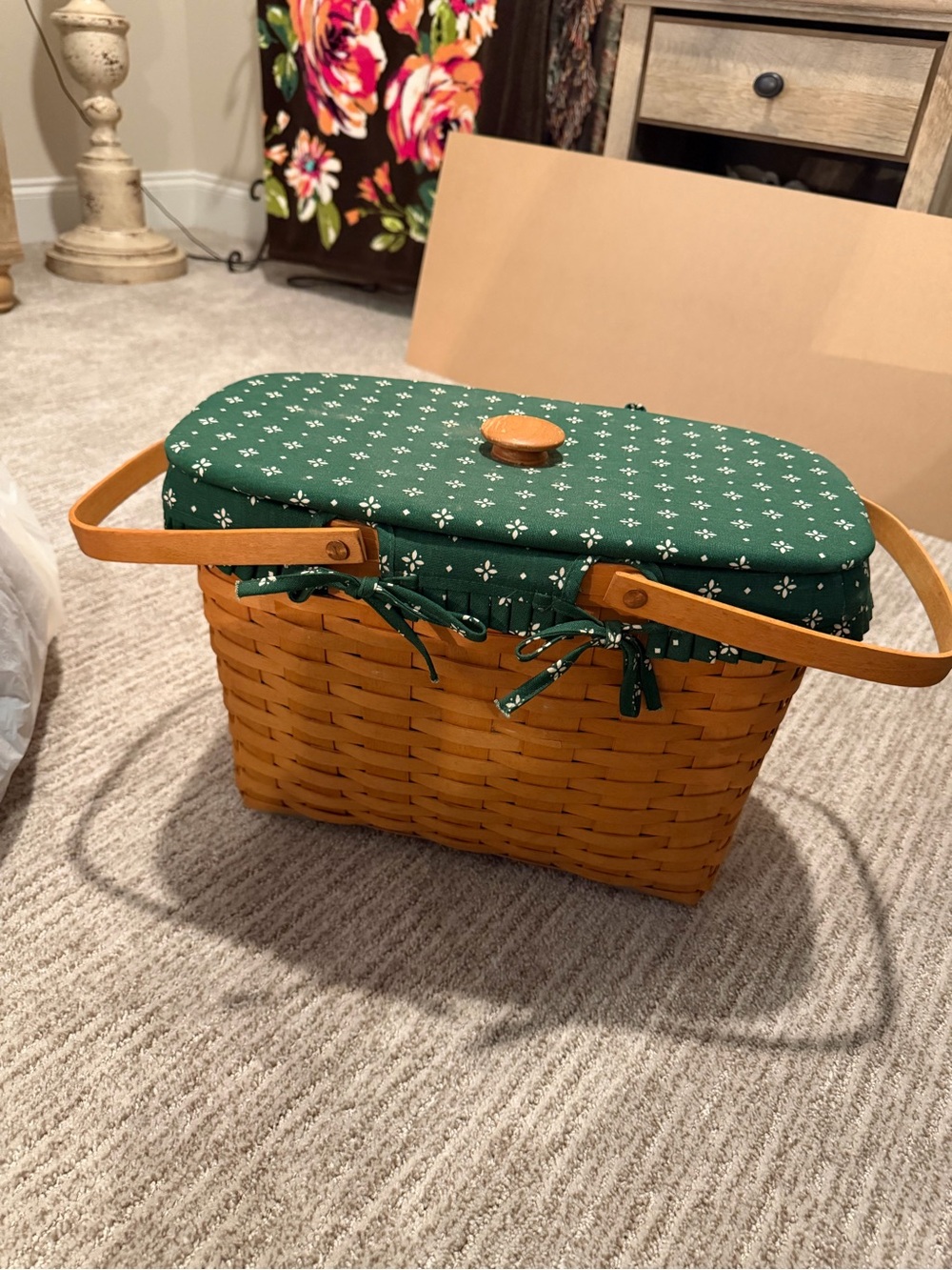 Longaberger Green Floral Lid Woven Picnic Basket